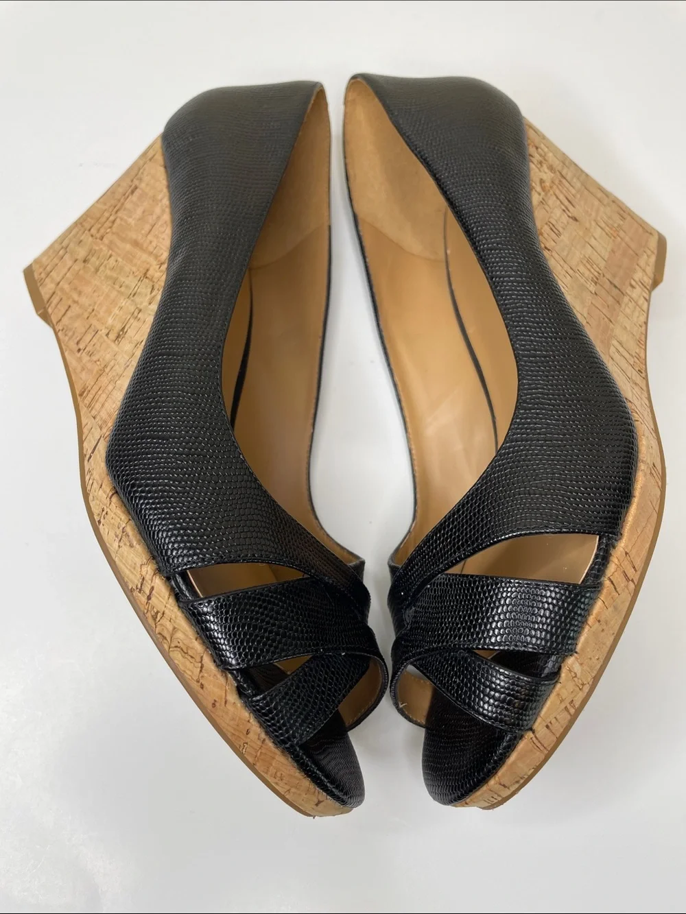 NINE WEST Black Pebble Leather JELICA Open-Toe Cork Wedge Pumps 10